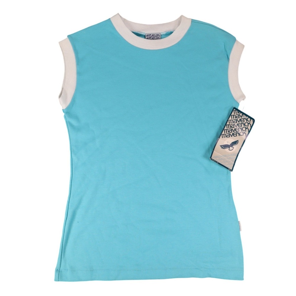 Maverick Vintage 80s Girls Large Aqua Blue Ringer Sleeveless T-Shirt NWT 1982